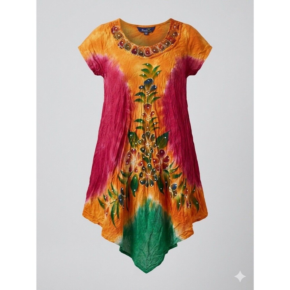 Boho Riviera Sun Tie Dye Dress Women's Free Size Short Sleeve Floral Pink/Orange